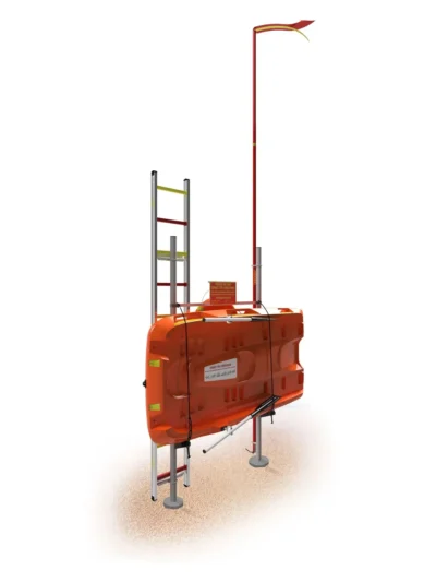 Lifesaving raft station installed for shore and beach rescue with raft ladder lifebuoy and rescue hook