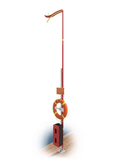 Fire cabinet station installed on quay for emergency safety access - Safety station with cabinet and lifebuoy holder in marina environment - Fire cabinet mounted on waterfront structure for quick emergency response