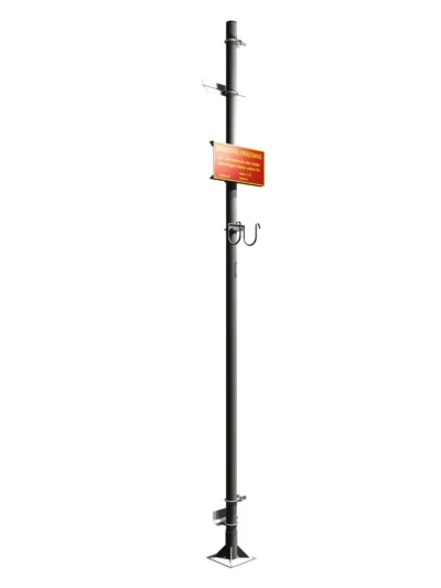 Post pole for mounting rescue ladder, hook and lifebuoy in waterfront environment
