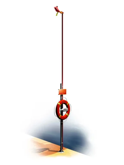 Rescue hook station with lifebuoy and signal flag installed by a pier